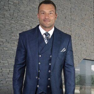 Mens One Button Wool Wide Peak Lapel Vested Pleated Pant Suit in Sapphire